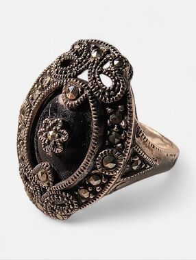 Judith Jack Vintage Black Onyx, Marcasite And Sterling Silver Ring